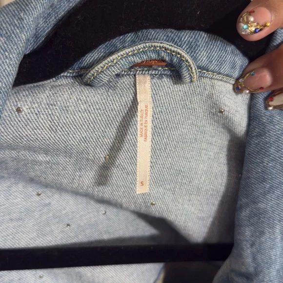 Free People Light Blue Pearl-Studded Distressed Denim Jacket - Picture 5 of 5